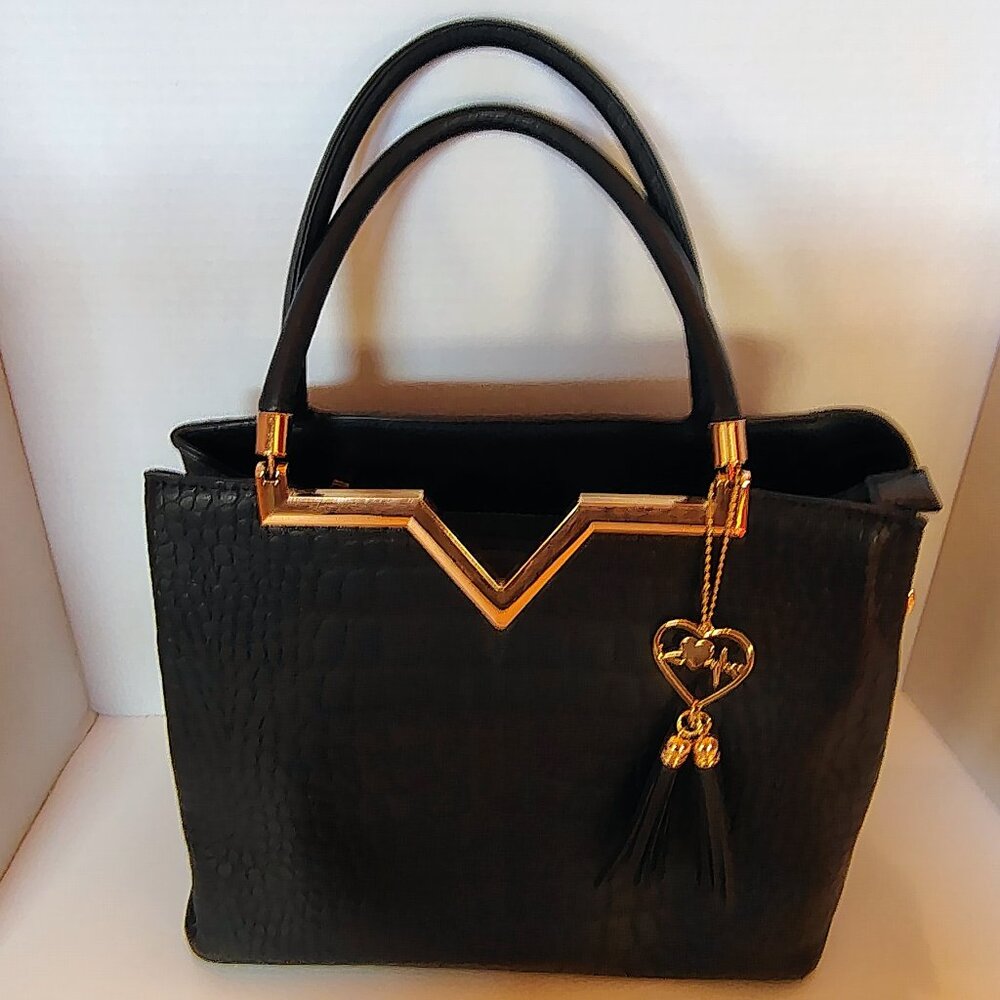 Crossi Black Gold Purse Handbag Crocodile Bag Zipper Tassle Pockets - Picture 13 of 13